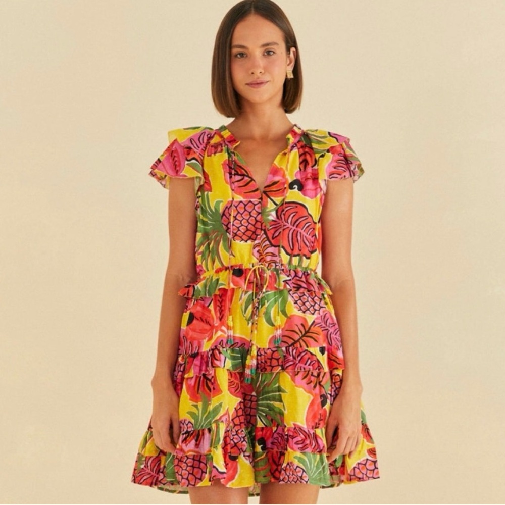 Farm Rio Yellow Fruit Dream Ruffle Mini Dress XS